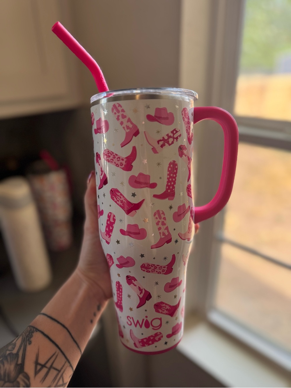 Swig Pink Cowboy Boot Print Tumbler with Handle and Straw